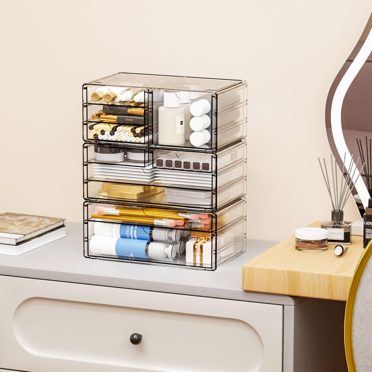 Stackable Clear Storage Drawers with 10 Compartments - Large Acrylic Organizer Set