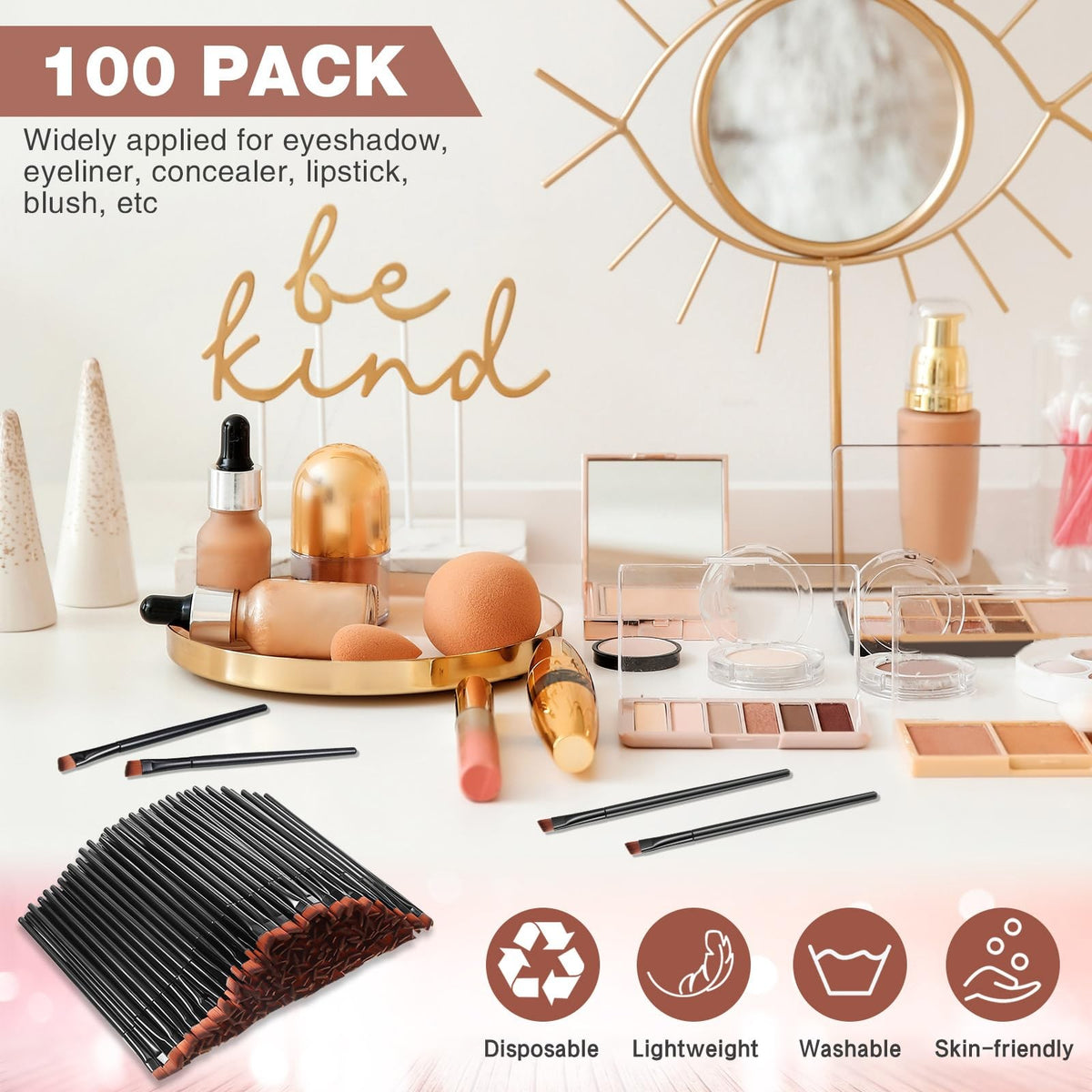 Disposable Angled Eyebrow and Eyeliner Brush Set - 100 Pieces, Travel Friendly