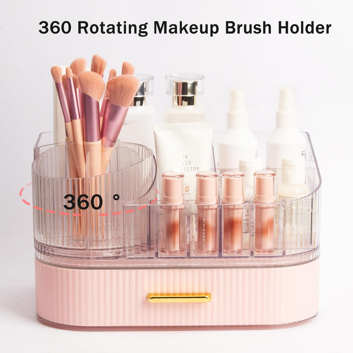 Pink Makeup Organizer with Rotating Brush Holder & Drawer - 11-Inch