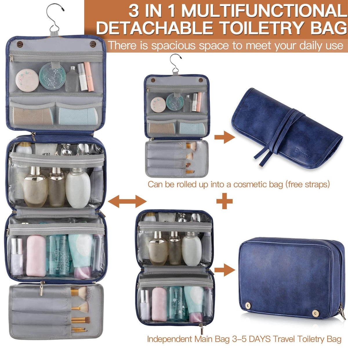Men's Waterproof Travel Toiletry Bag with Hanging Hook and Multiple Compartments