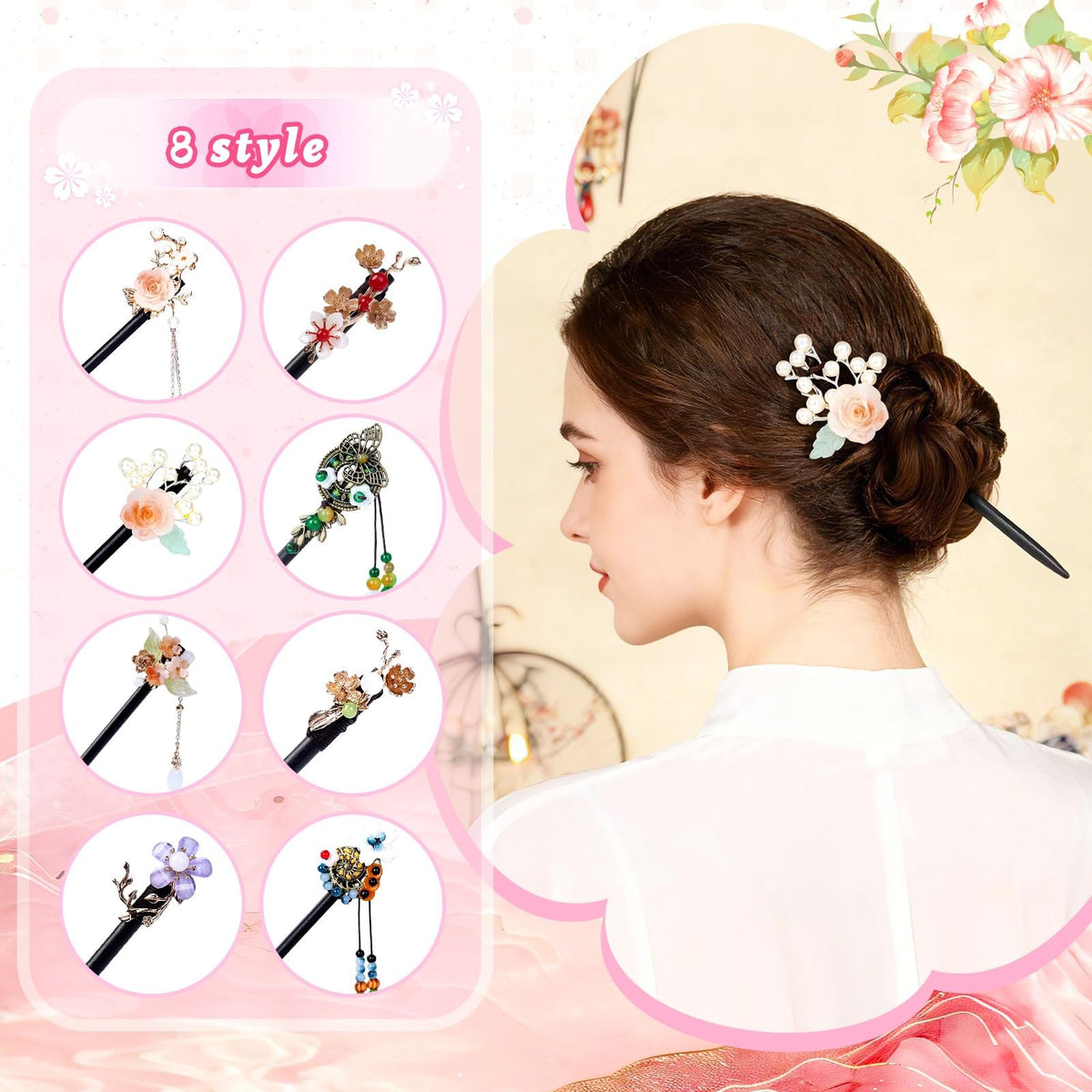 Earssa 8 PCS Wooden Hair Sticks Chinese Vintage Chopsticks Brown