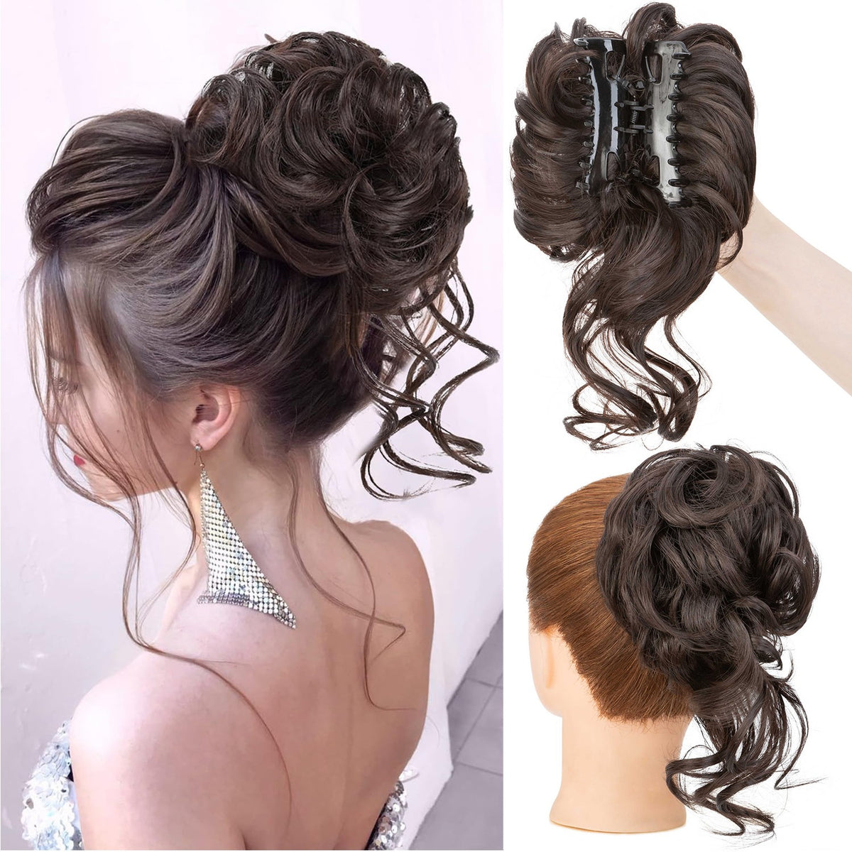 Thick Messy Curly Hair Bun Claw Clip Extensions - Multiple Colors & Lengths