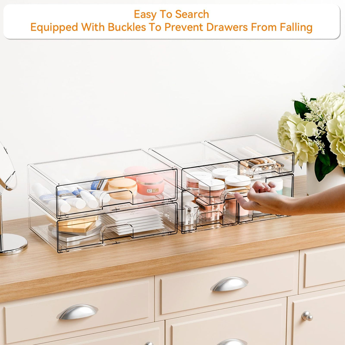 6 Pack Clear Stackable Acrylic Storage Drawers Bathroom Organizer