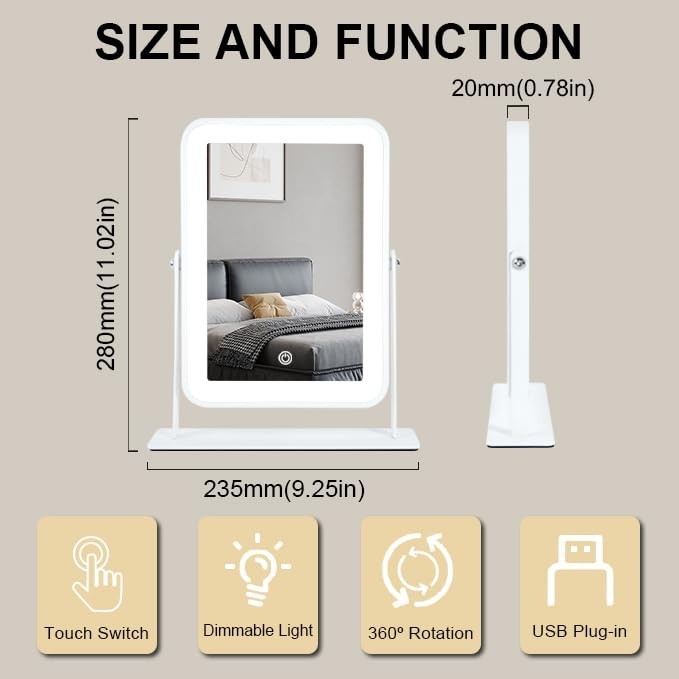 Rechargeable 9x11 LED Makeup Mirror with Dimmable Touch & 3 Color Modes