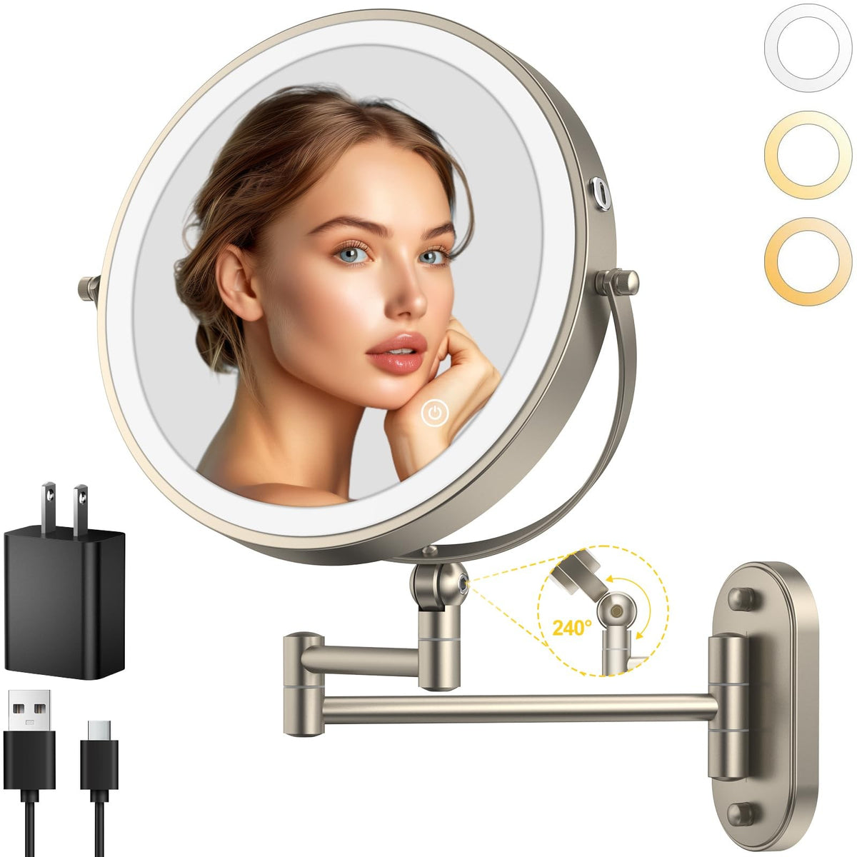 9-Inch Wall Mounted Lighted Makeup Mirror with Rechargeable Battery