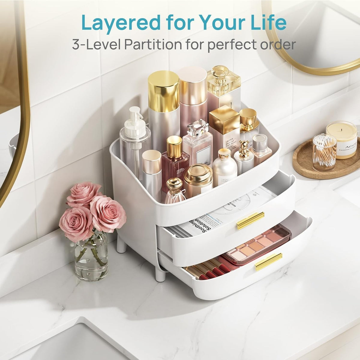 3-Tier Makeup and Skincare Organizer with Drawers for Vanity & Bathroom