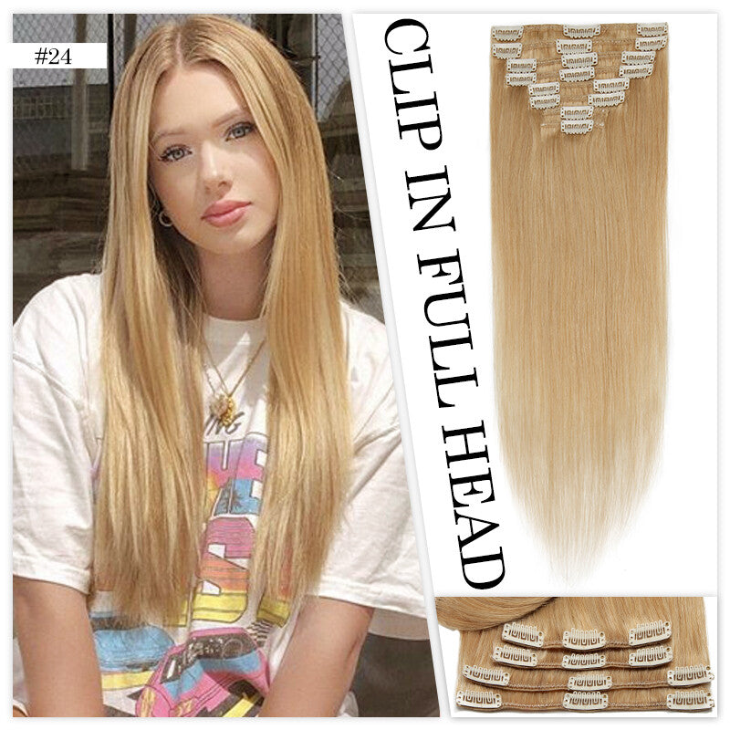 Clip-In Human Hair Extensions Full Head Set - Remy Straight Hair 8 Pieces