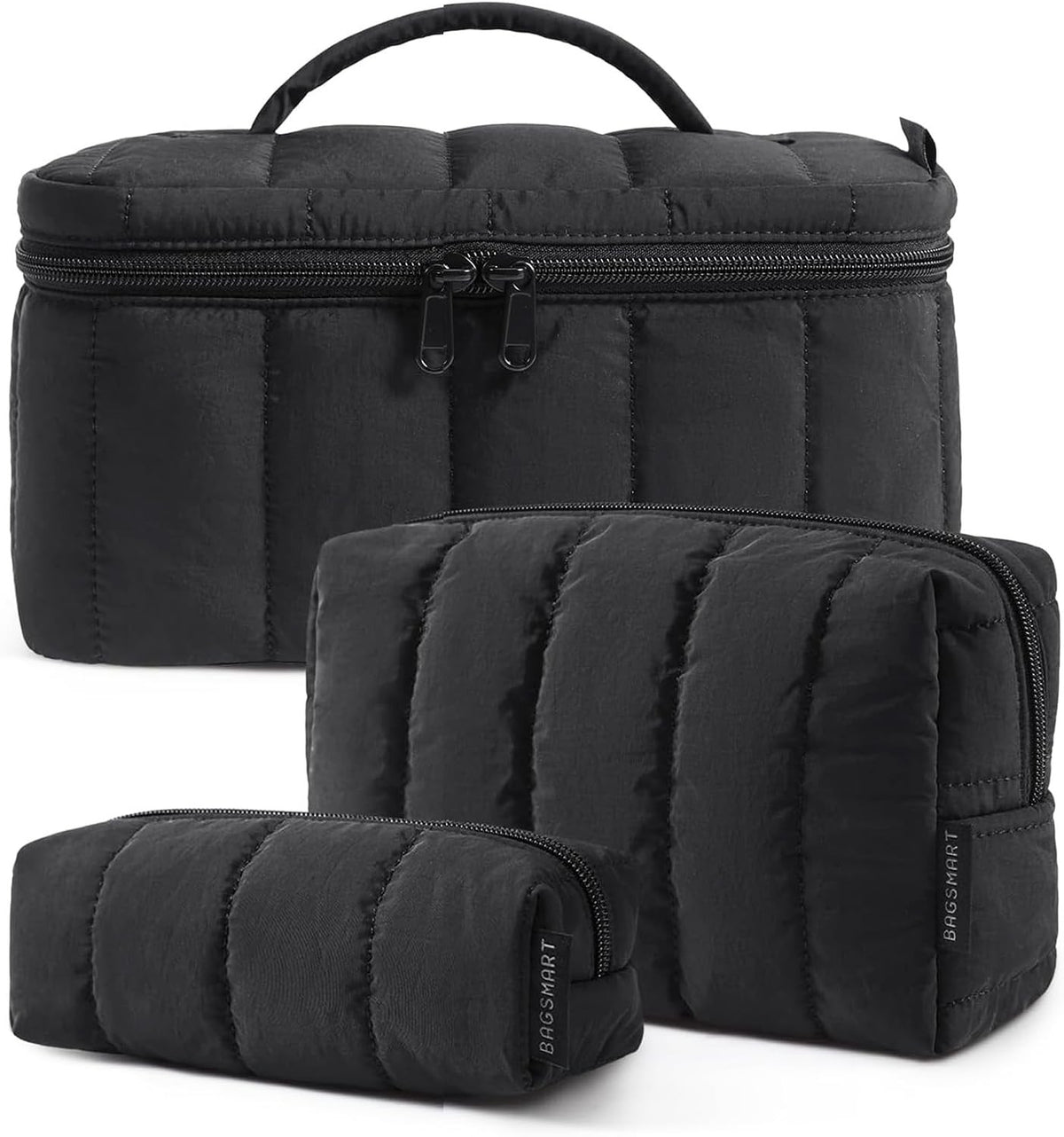 Travel Makeup Bag Set 3-Piece Puffy Cosmetic Organizer Pouch Black