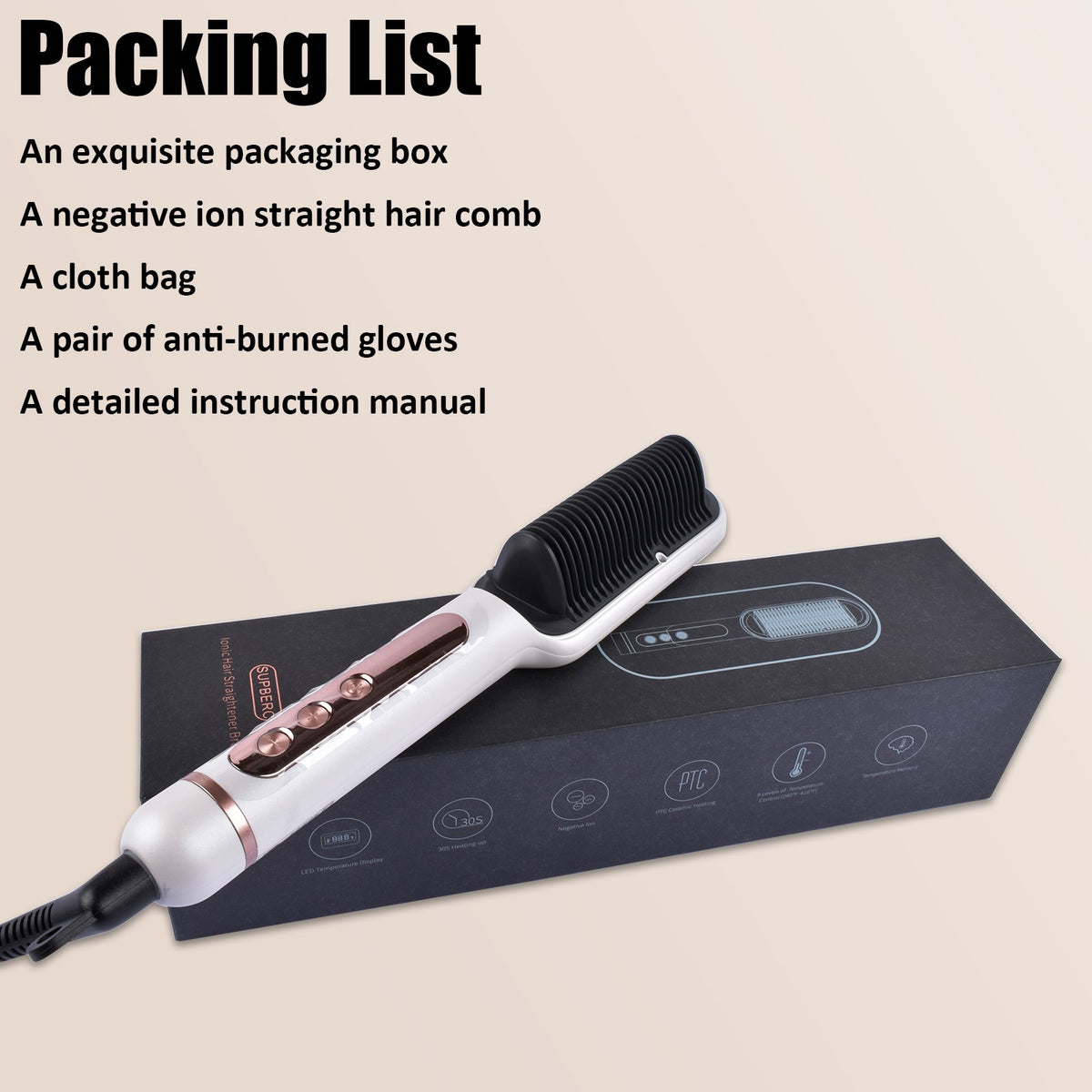Negative Ionic Hair Straightener Brush with 9 Temp Settings & LED Display