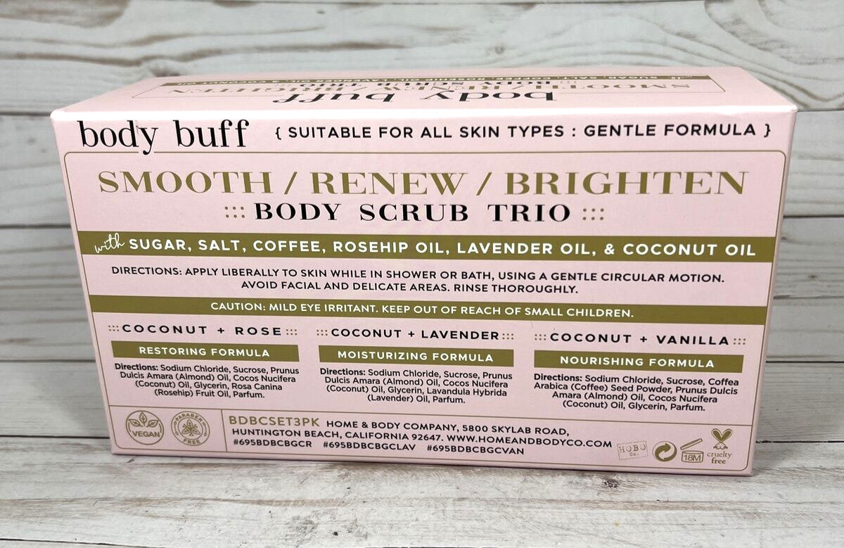 Body Buff Scrub Trio Coffee Salt Sugar Smooth Renew Brighten Coconut