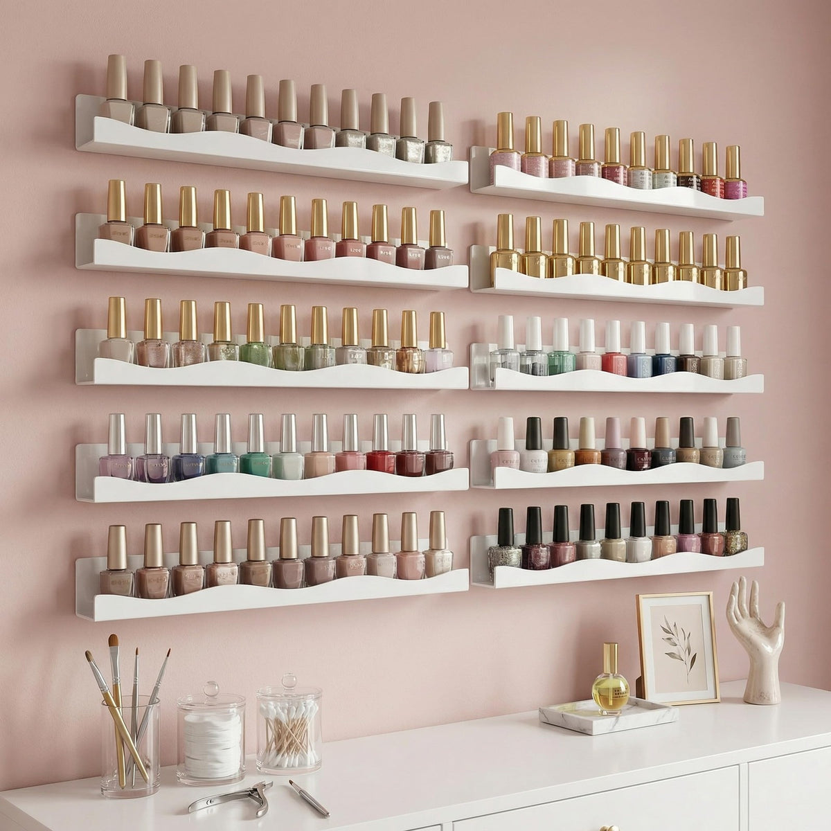 Wall Mounted Nail Polish Rack Organizer Display Shelves - White Acrylic, 6 Pack