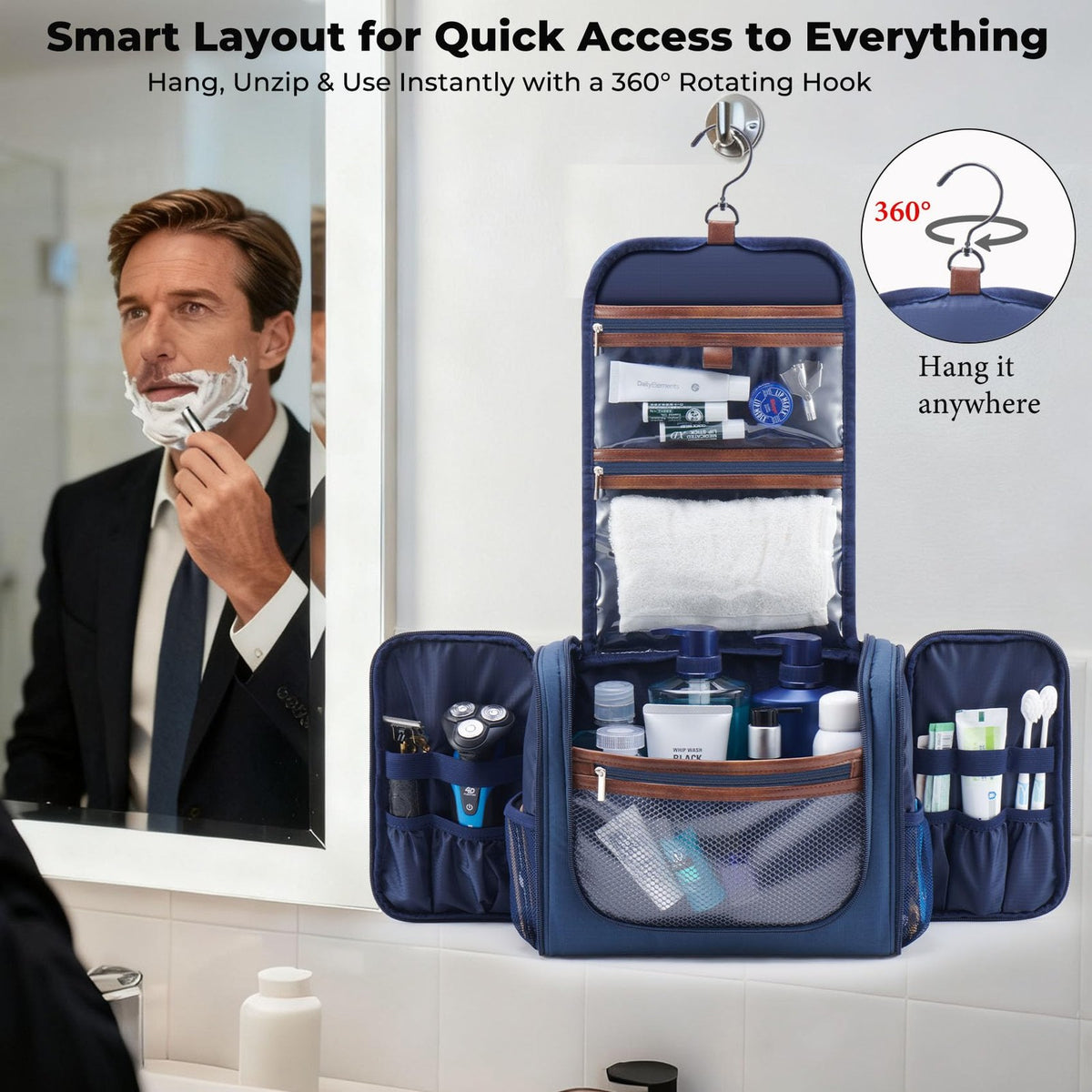 Large Hanging Toiletry Bag Travel Organizer with Hook Navy