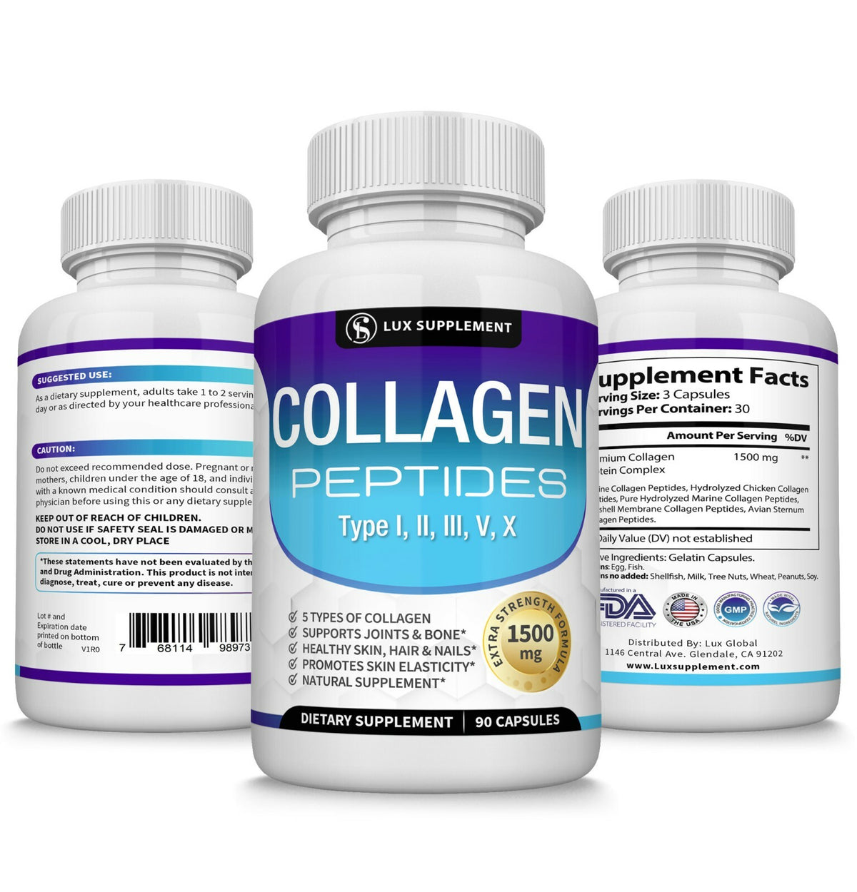 Collagen Peptides Supplement 1500MG Hydrolyzed Anti-Aging Capsules for Skin Hair Nails & Joints