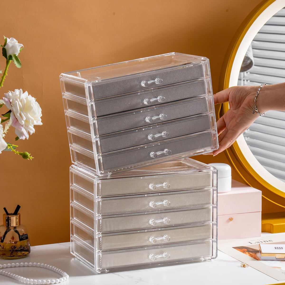 Jewelry Necklace Organizer Box with 5 Dustproof Velvet Drawers - Gray