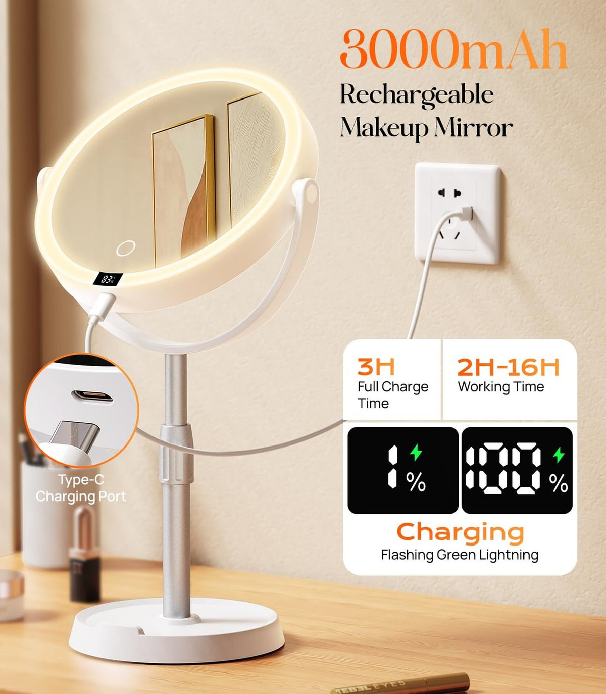 Lighted 7" Makeup Mirror with 20X Magnification, ABS Frame, Height Adjustable