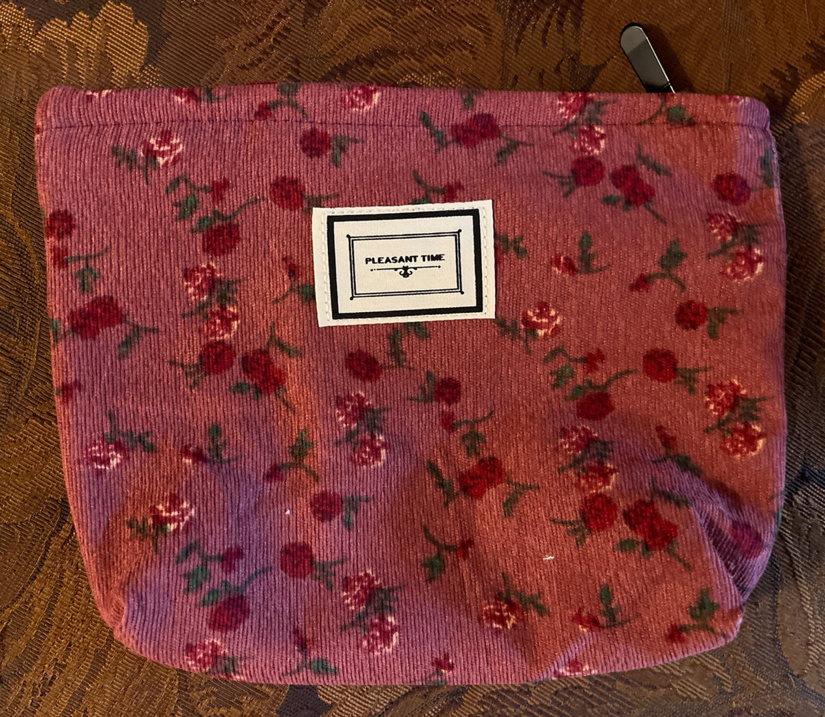 Corduroy Makeup Bag 7x10x2 Inches - Burgundy Rose Pouch with Zip