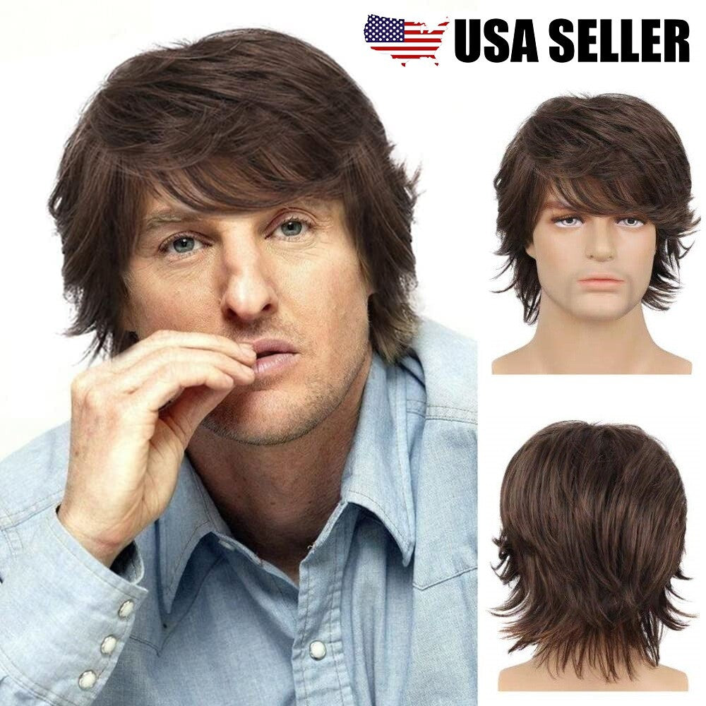 Mens Short Brown Synthetic Wig with Bangs - Natural Wave, Adjustable Cap