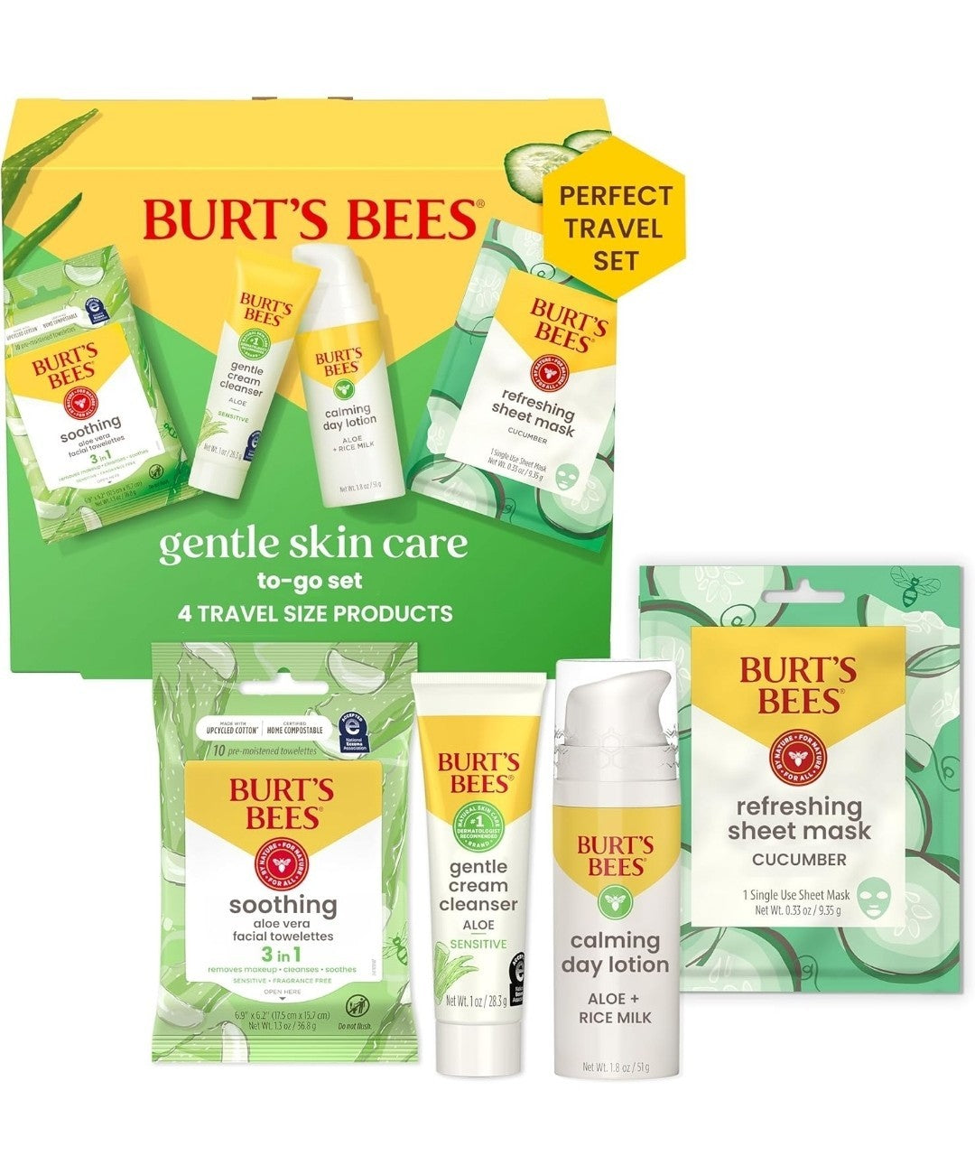 Burt's Bees Gentle Skin Care To-Go Set with Cleansing Towelettes Lotion & Mask