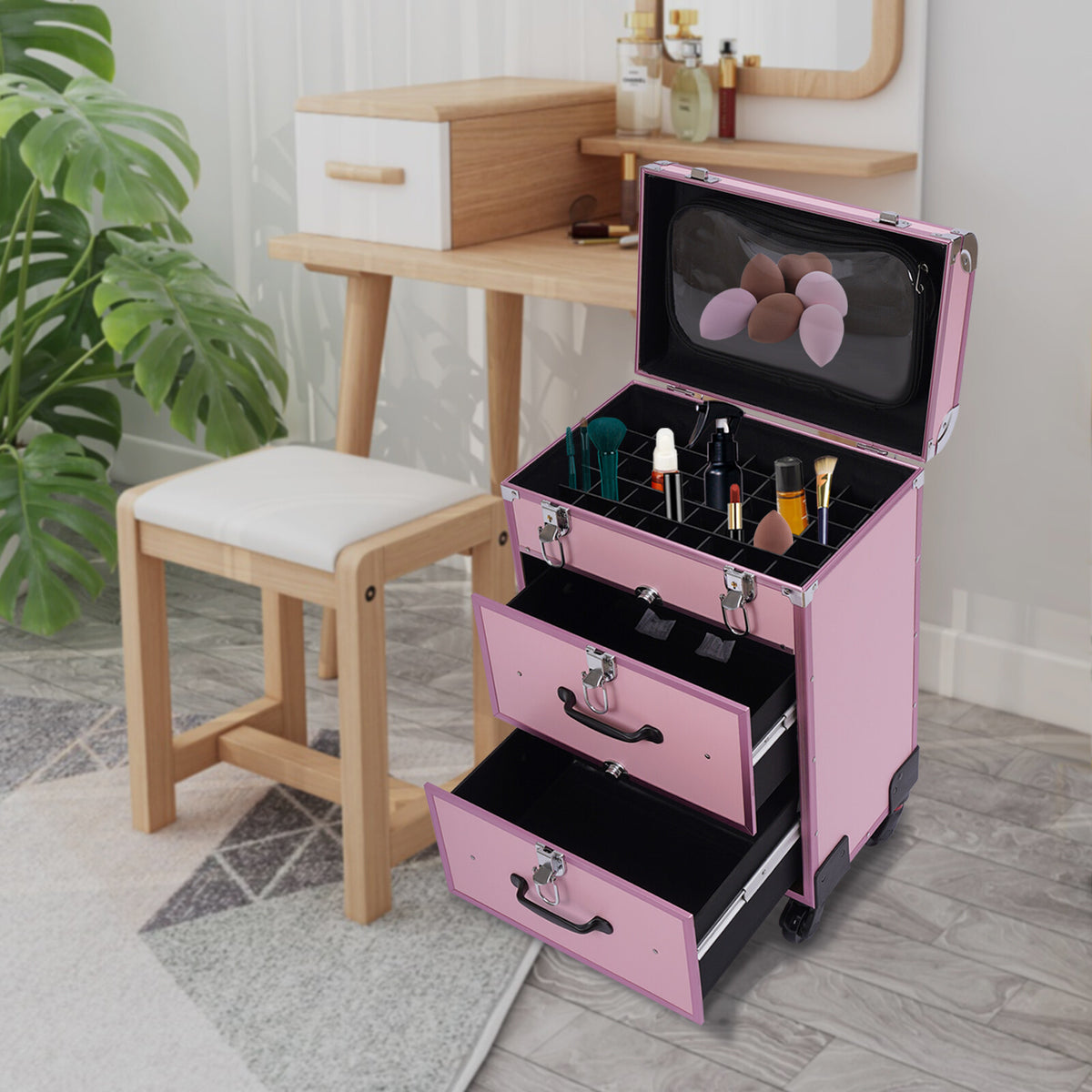 Professional Rolling Makeup Train Case with Multi-Layer Storage and Durable Aluminum Frame