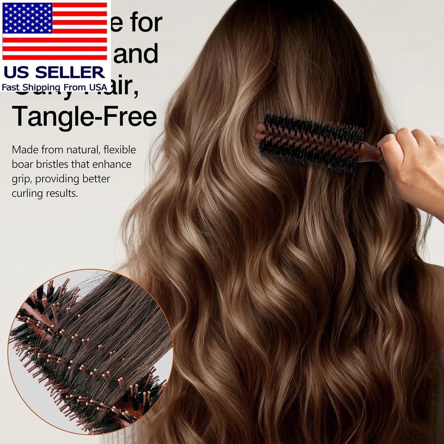 Round Boar Bristle Hair Brush with Wooden Handle for Styling & Detangling