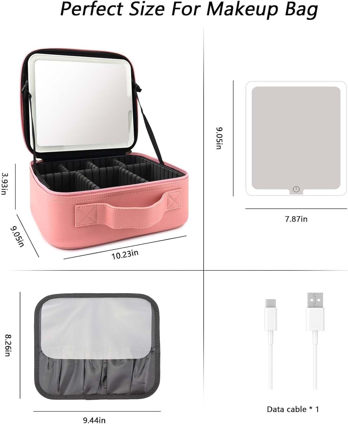 Travel Makeup Bag with LED Mirror and Adjustable Dividers, Waterproof