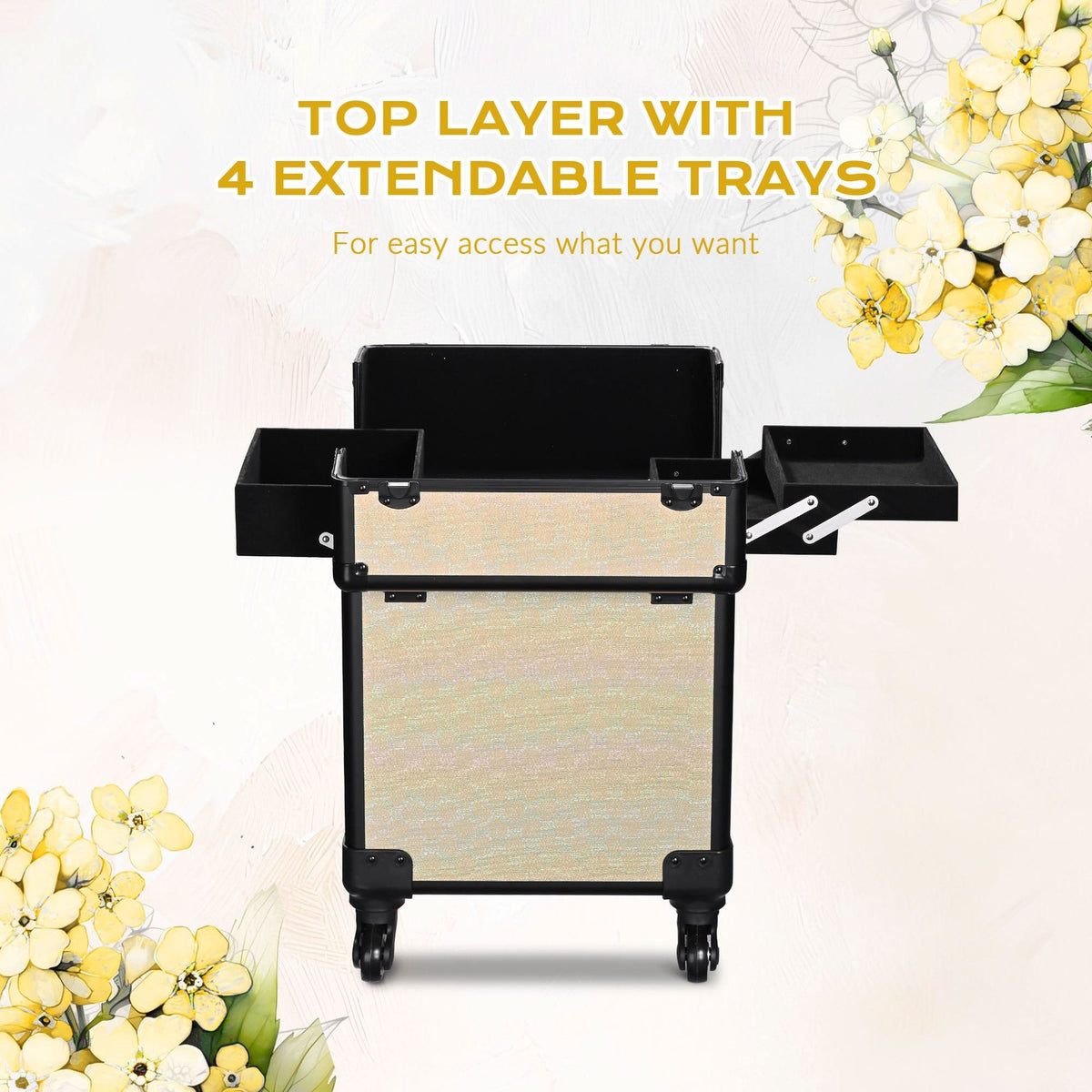 Rolling Makeup Train Case with Extendable Trays and Large Storage - Trolley Organizer