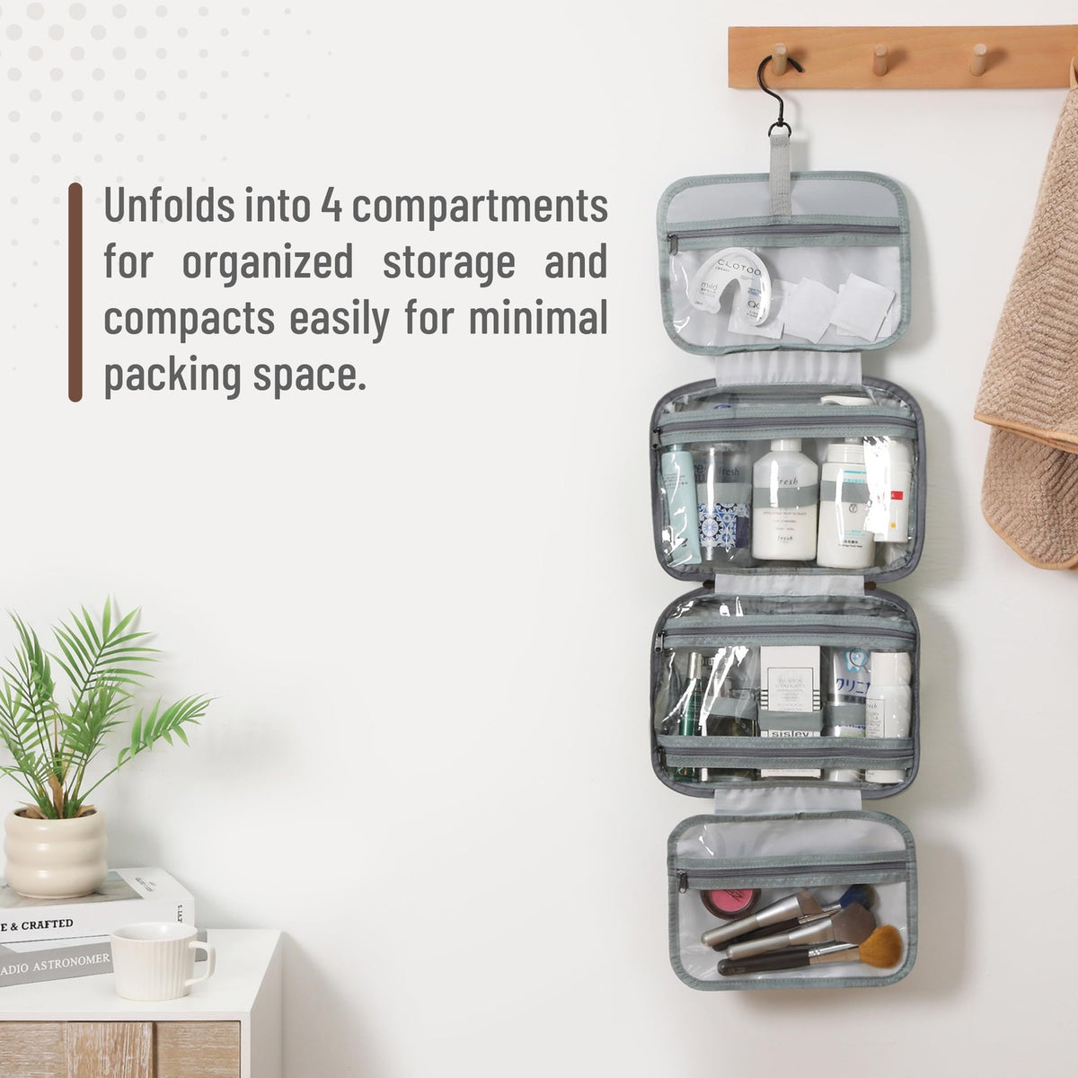 Travel Toiletry Bag Organizer with Hanging Hook and Water-Resistant Compartments