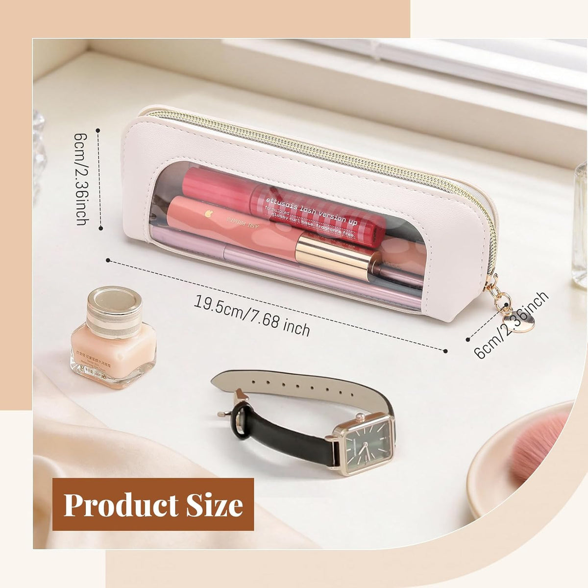 Clear PU Leather Makeup Bag with Transparent Window, Small Travel Cosmetic Case
