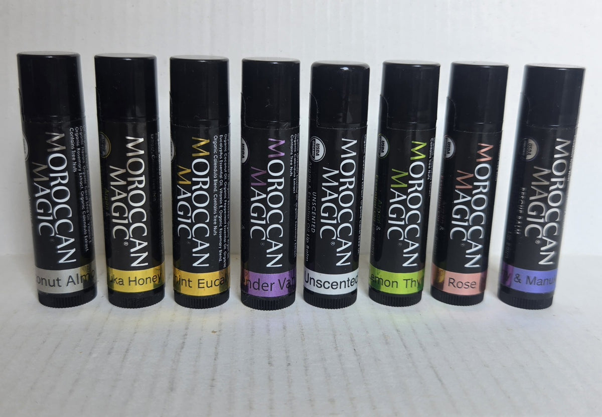 Set of 8 Lip Balms with Essential Oils & Rose Pouch - Hydrating & Scented