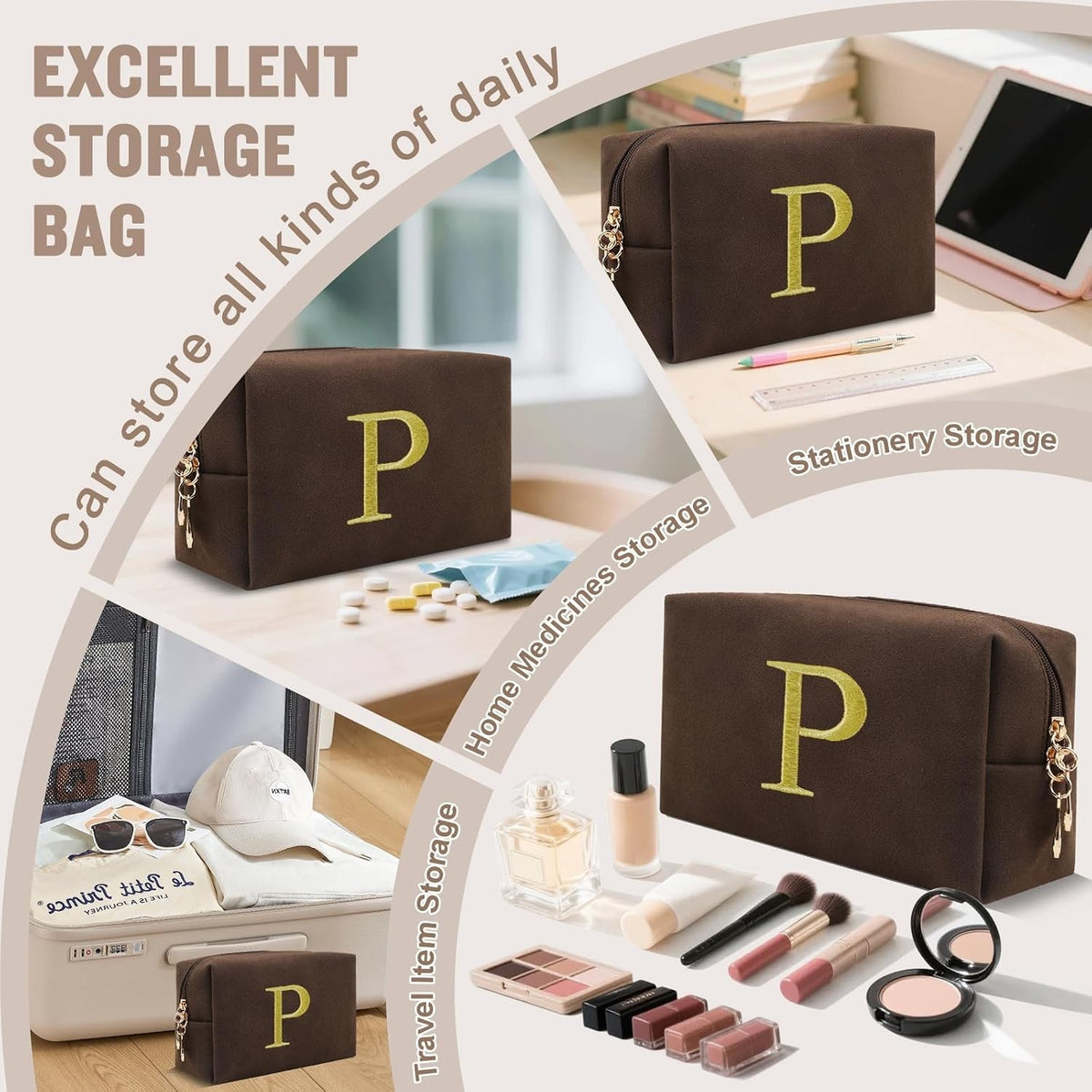 Personalized Initial Makeup Bag - Small Waterproof Cosmetic Travel Organizer