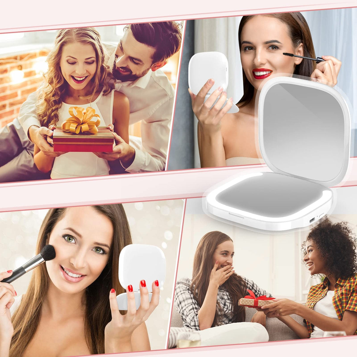 Rechargeable LED Compact Makeup Mirror with 3X Magnification and Adjustable Light