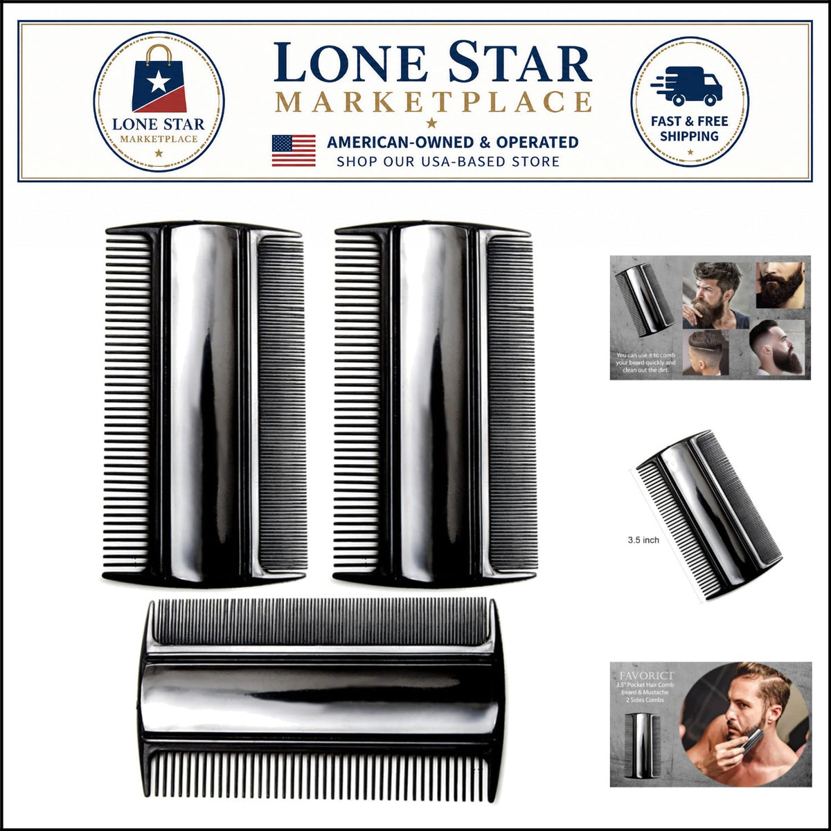 3-Pack Men's Black Hair & Beard Combs - 3.5 Inch Pocket Styling Tool
