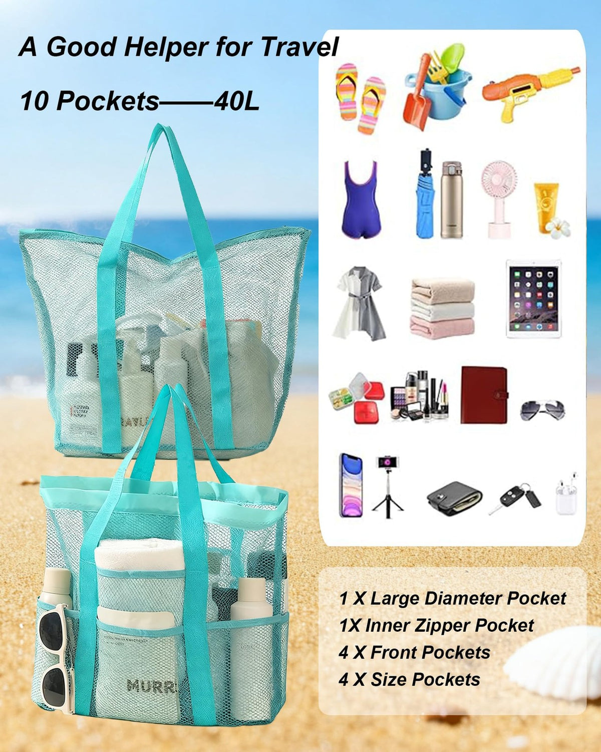 Large Mesh Beach Tote Bag with 8 Pockets & Zippered Compartment - 2 Pack