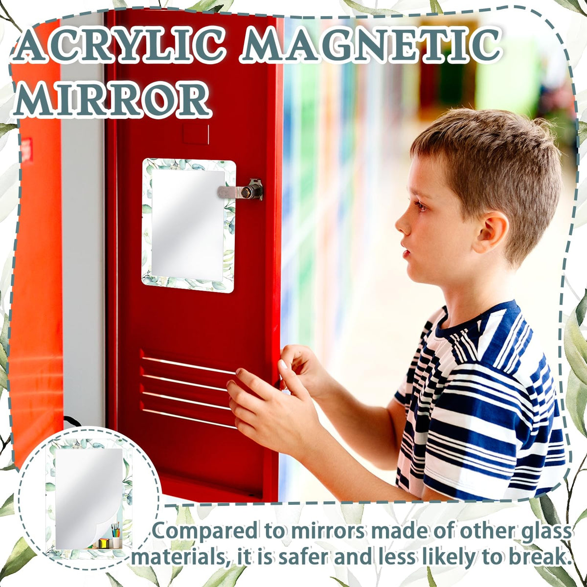 Magnetic Locker Mirror Set 7x5 Inch Green Flower & Leaf Design - Portable Makeup & Vanity Mirror