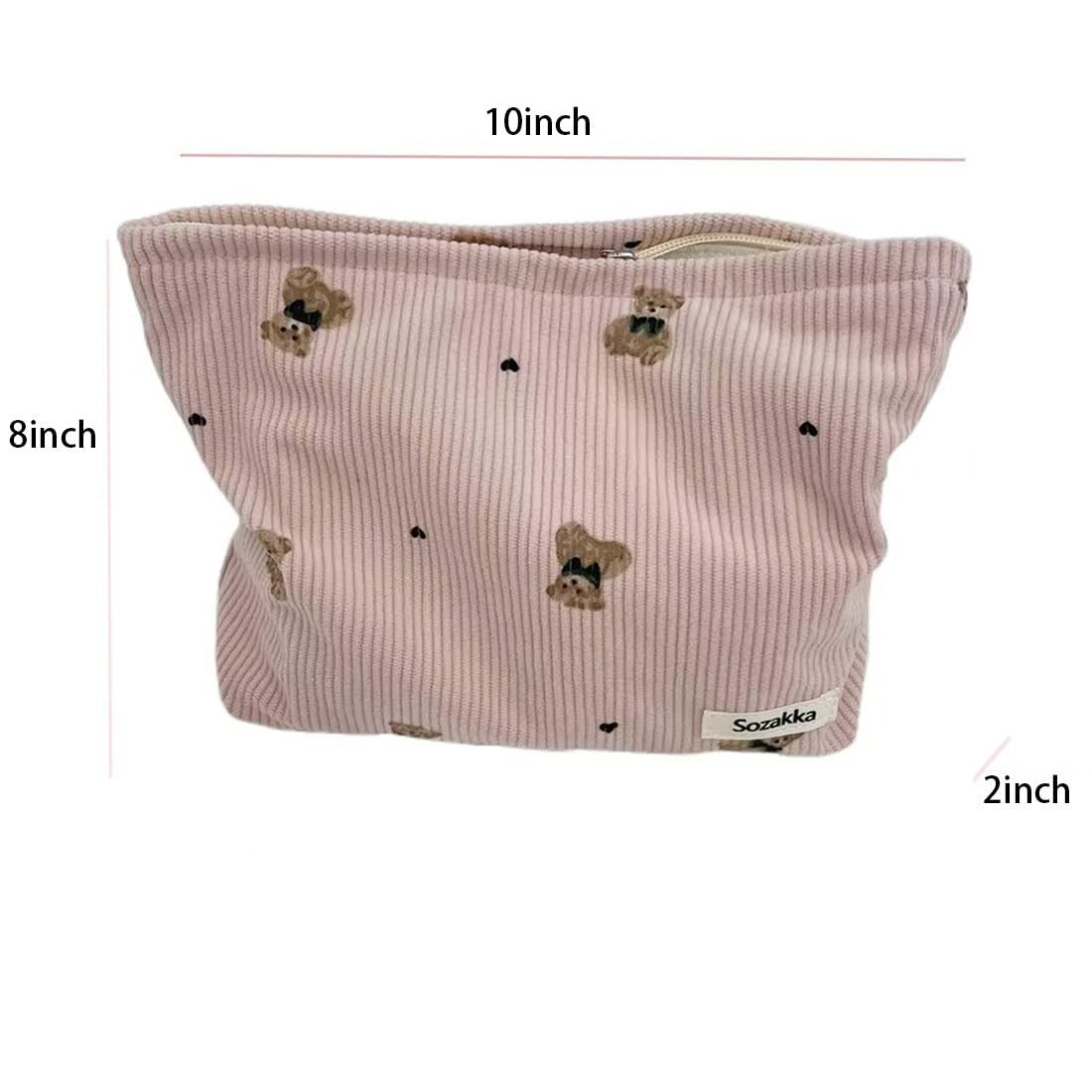Corduroy Makeup Bag with Bear Design, Large Capacity Travel Organizer, Pink