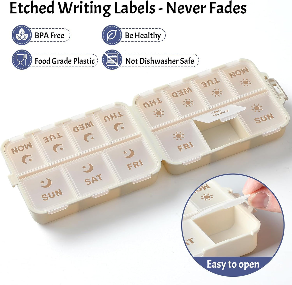 Foldable Weekly Pill Organizer with Etched Labels, 2 Doses a Day, Portable & Safe