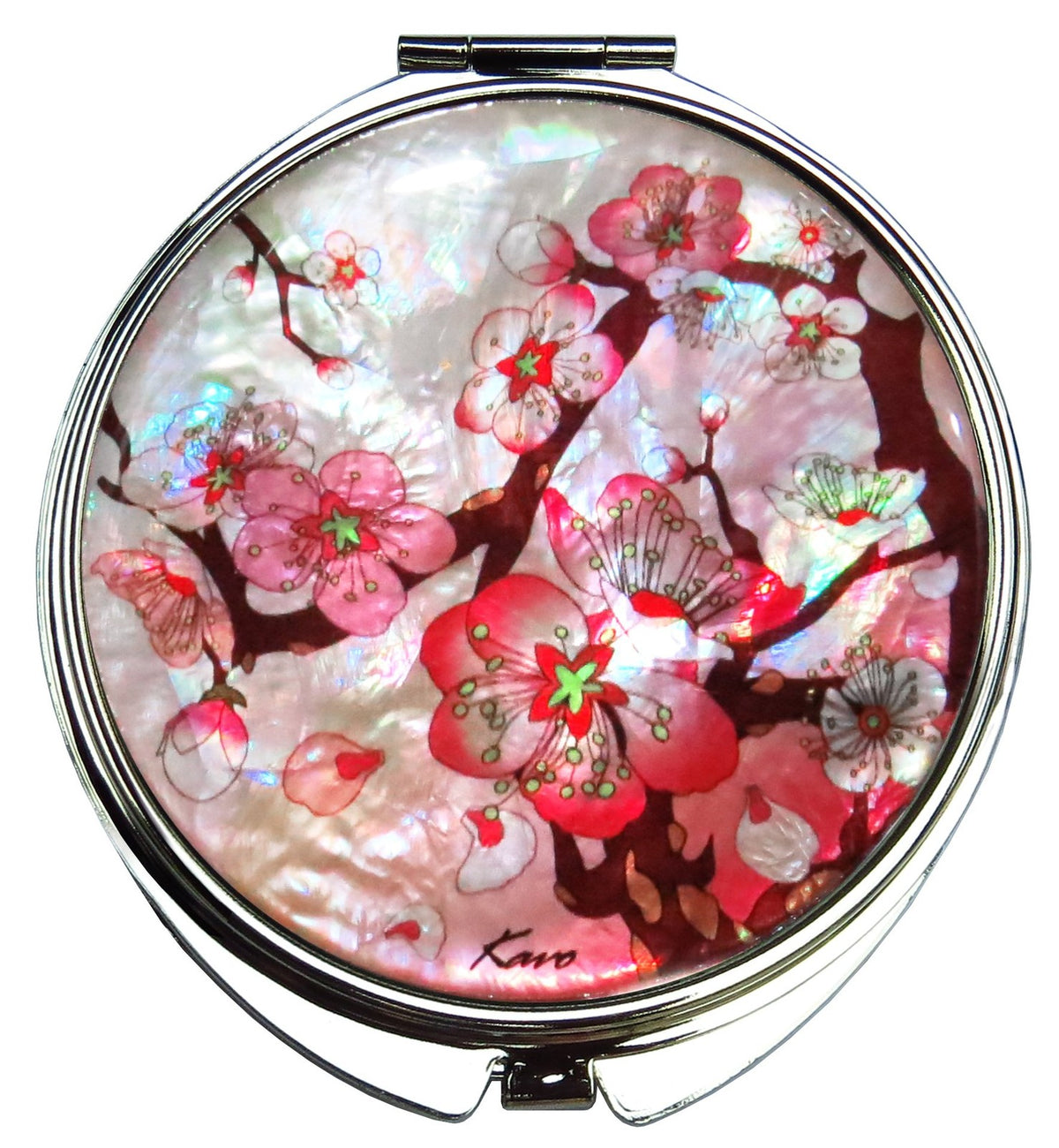 Pink Compact Folding Makeup Mirror with Magnification and Apricot Tree Flower Design