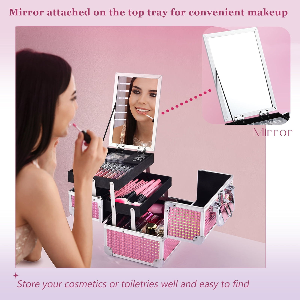 Large Pink Makeup Train Case with Mirror and Lockable Compartments