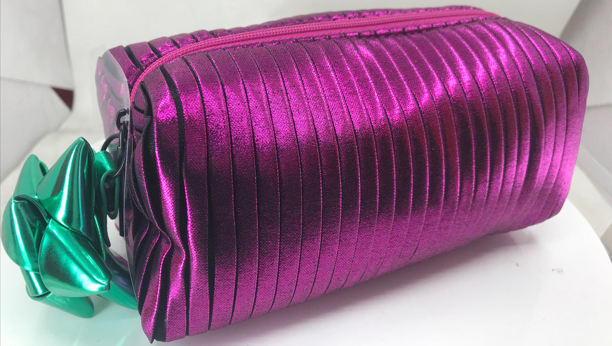 Magenta Cosmetic Bag with Green Bow - Makeup Pouch for Travel & Storage