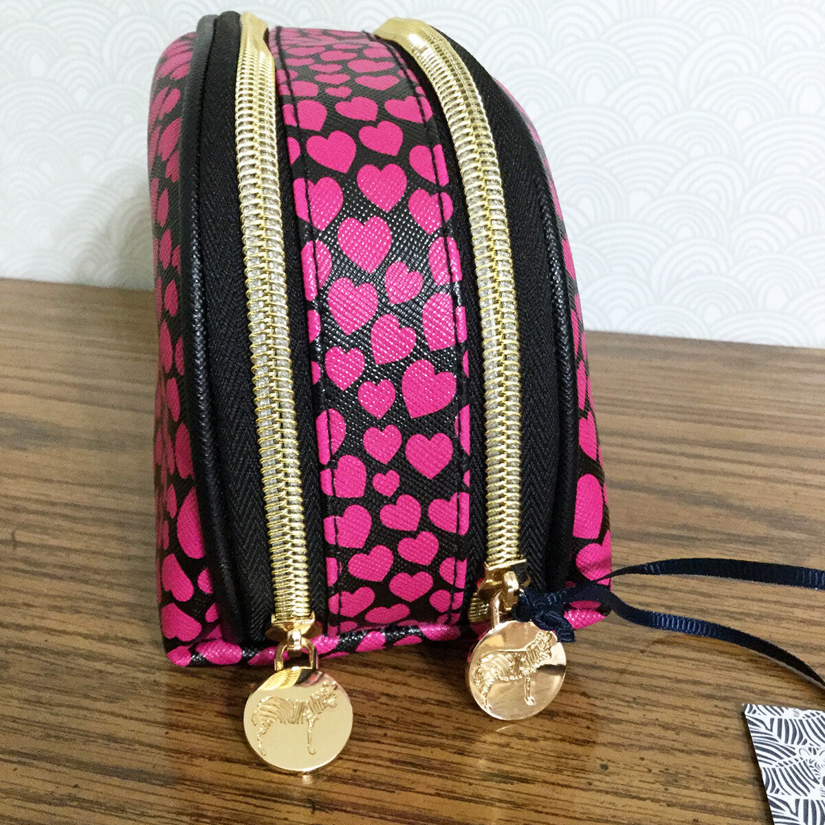 Pink Heart Double Zip Cosmetic Bag - Travel Organizer Pouch for Makeup & Toiletries