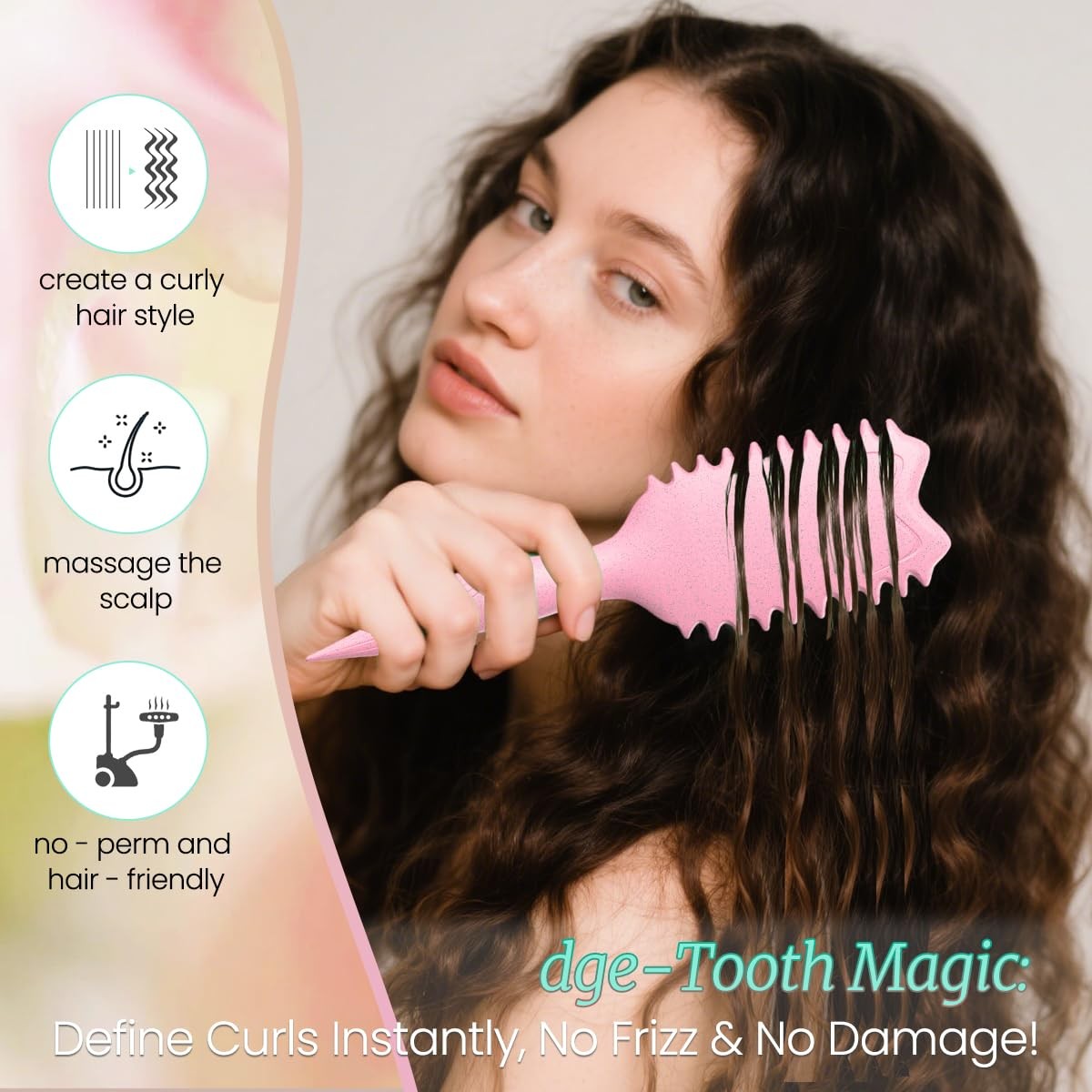 Curly Hair Brush with Boar Bristles for Curl Defining and Detangling - Pink Silk