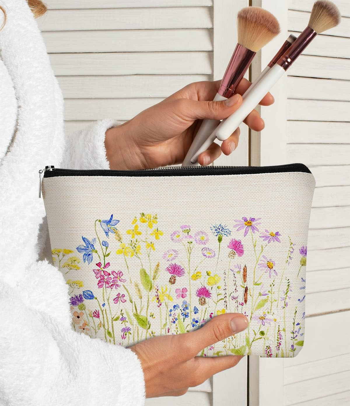 Colorful Wildflowers Makeup Bag - Watercolor Meadow Floral Travel Organizer