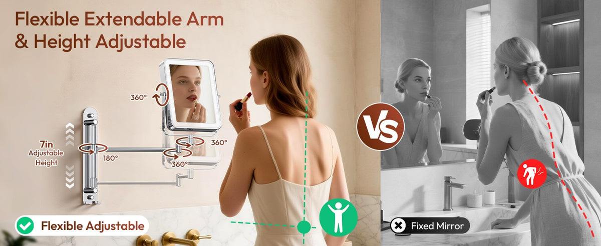 Height Adjustable Wall Mounted Lighted Makeup Mirror with 10X Magnification