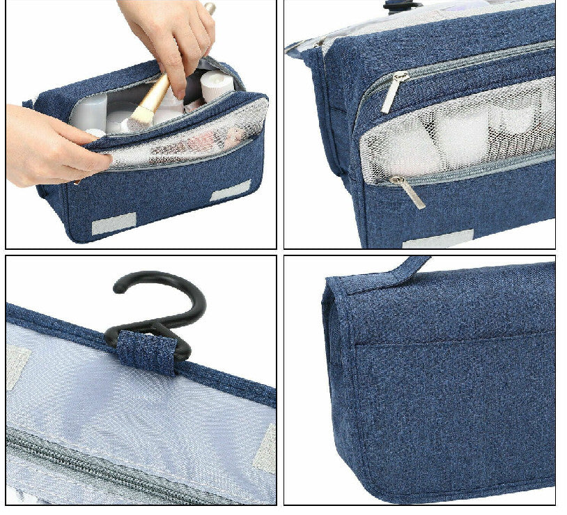 Navy Blue Travel Cosmetic Bag with Waterproof Lining and Multiple Compartments