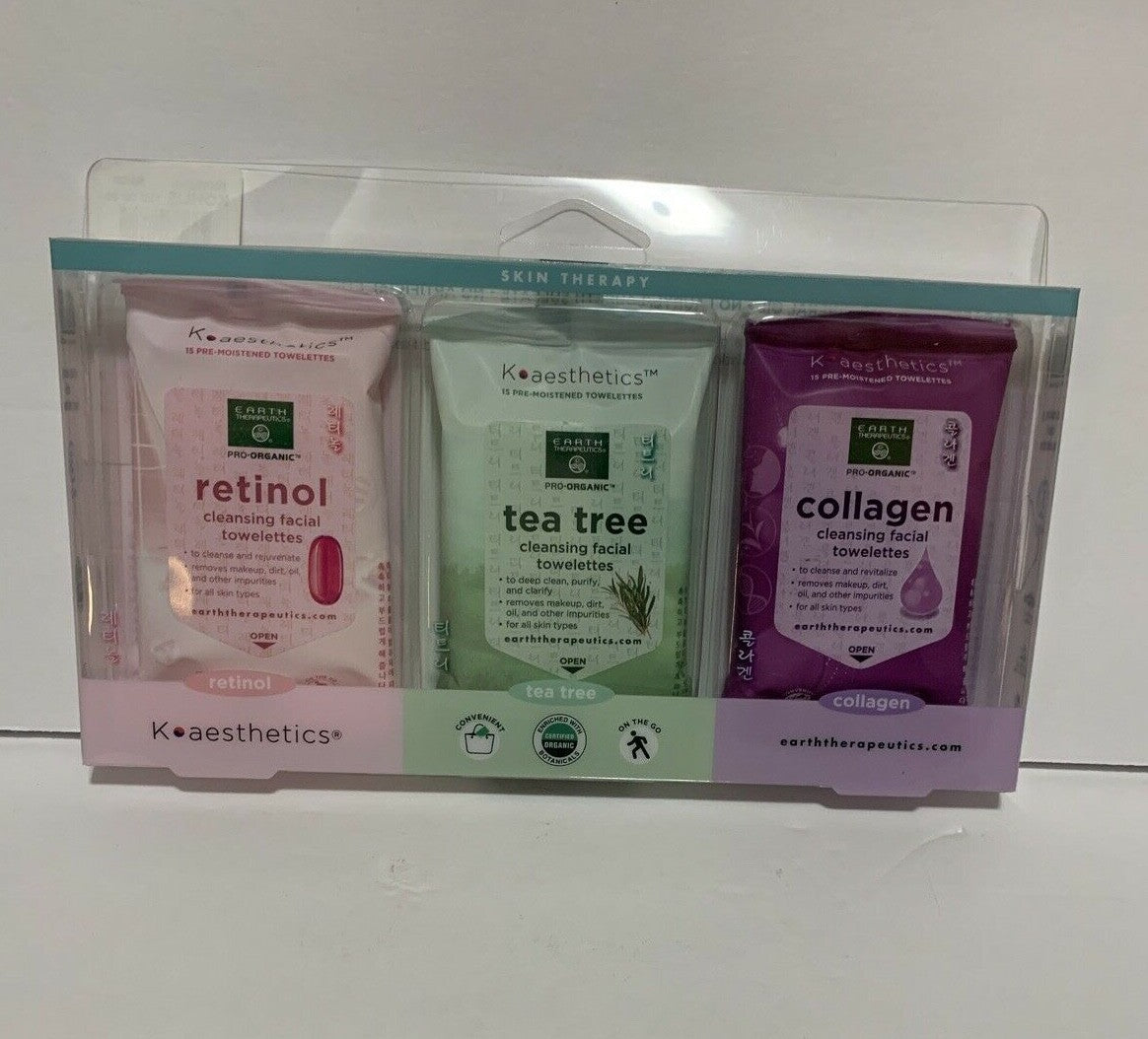 Earth Therapeutics 3-Pack Makeup Remover & Facial Cleansing Wipes with Retinol Tea Tree Collagen