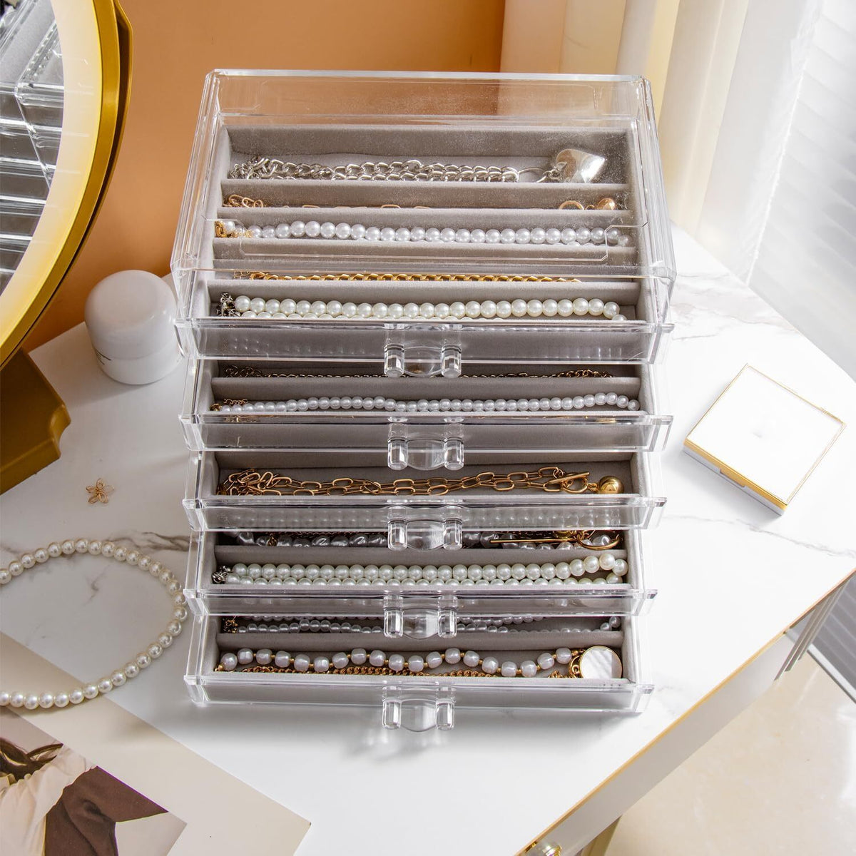 Jewelry Necklace Organizer Box with 5 Dustproof Velvet Drawers - Gray