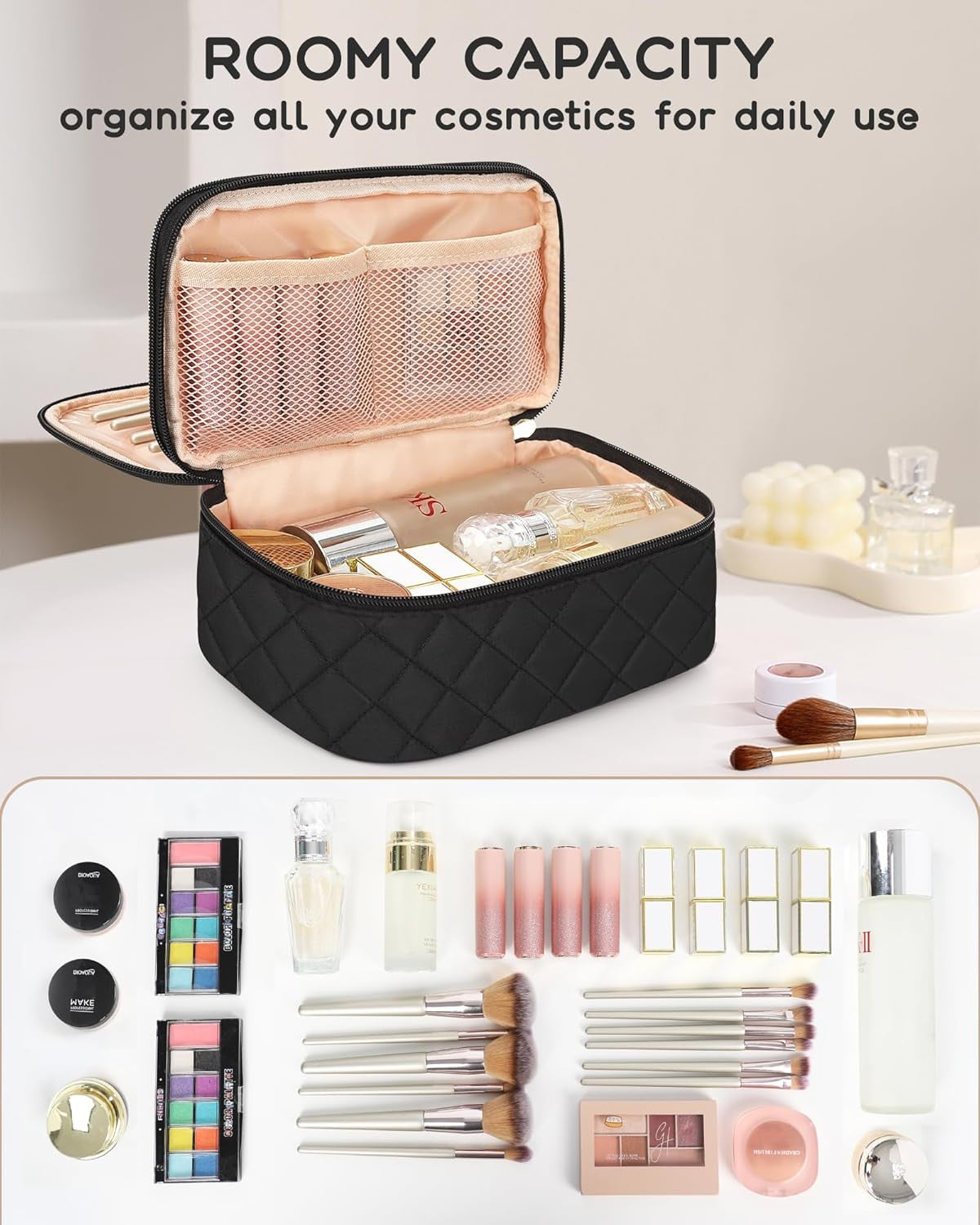 Small Travel Makeup Bag with Double Layer Organizer, Waterproof & Portable