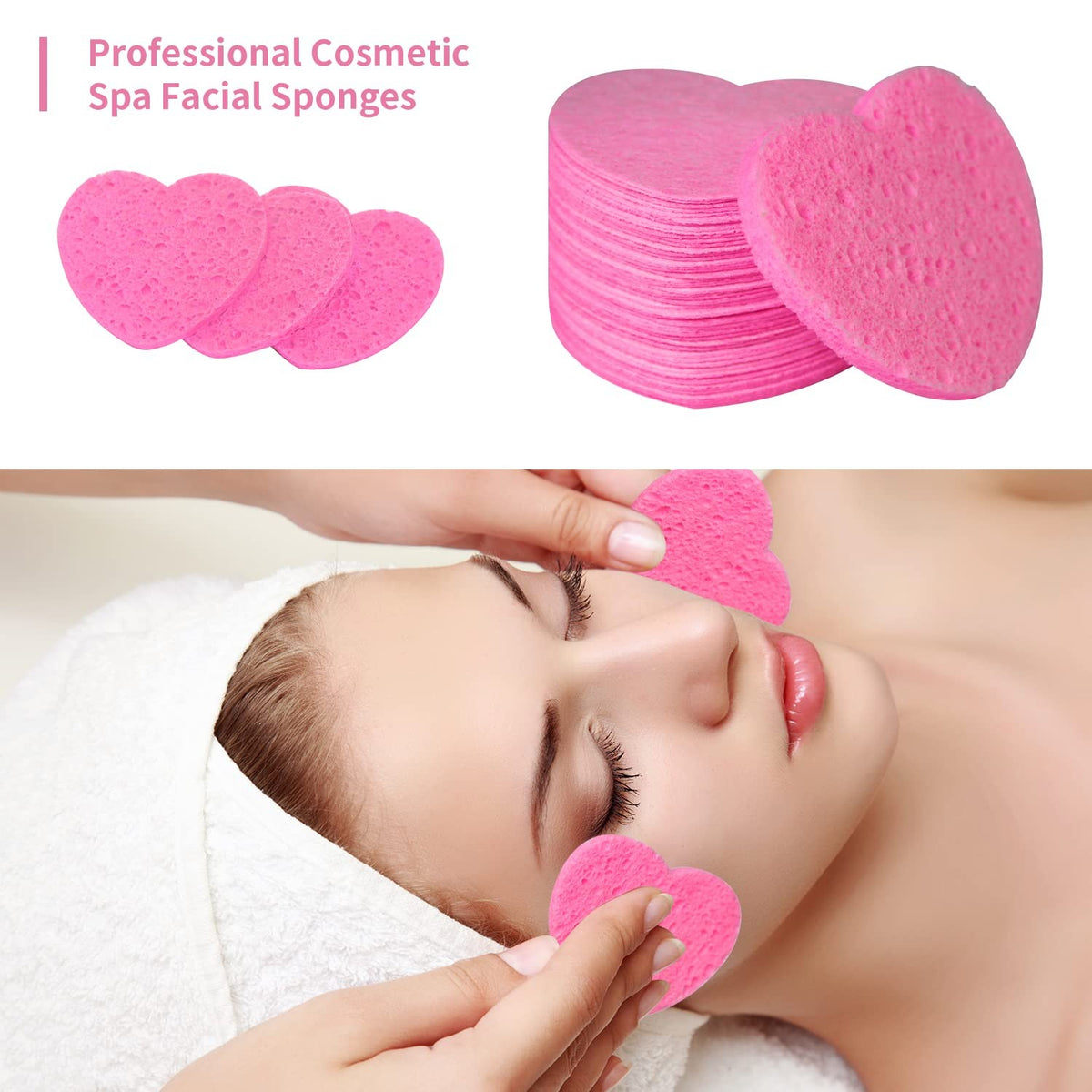 Natural Cellulose Facial Sponges - Heart Shape 50 Count for Cleansing & Exfoliating