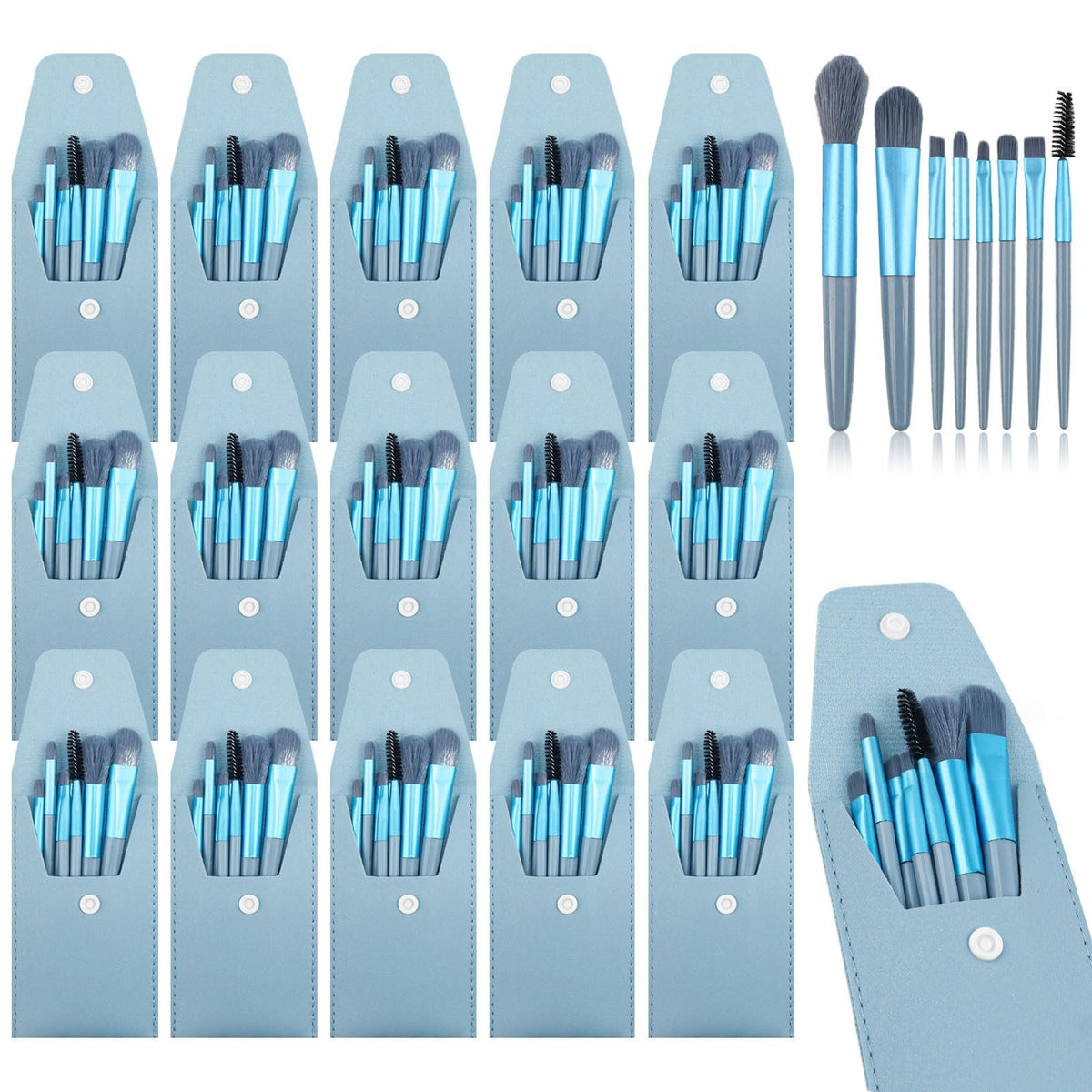 Travel Makeup Brush Set - 15 Mini Face Brushes with Bag, Light Blue