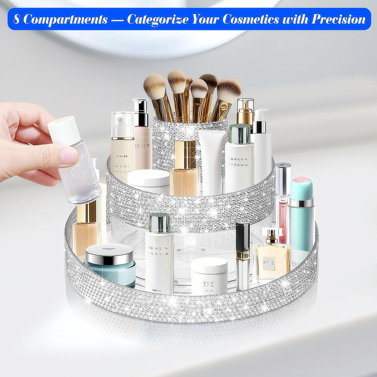 Rotating Makeup Organizer Acrylic Vanity Storage with Rhinestones